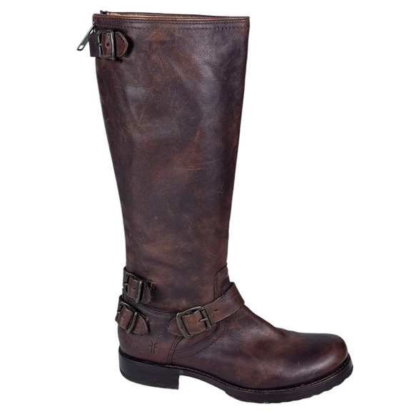 FRYE VERONICA BROWN DISTRESSED TALL MOTO EQUESTRIAN STYLE BACK ZIP LEATHER BOOTS - Picture 1 of 14